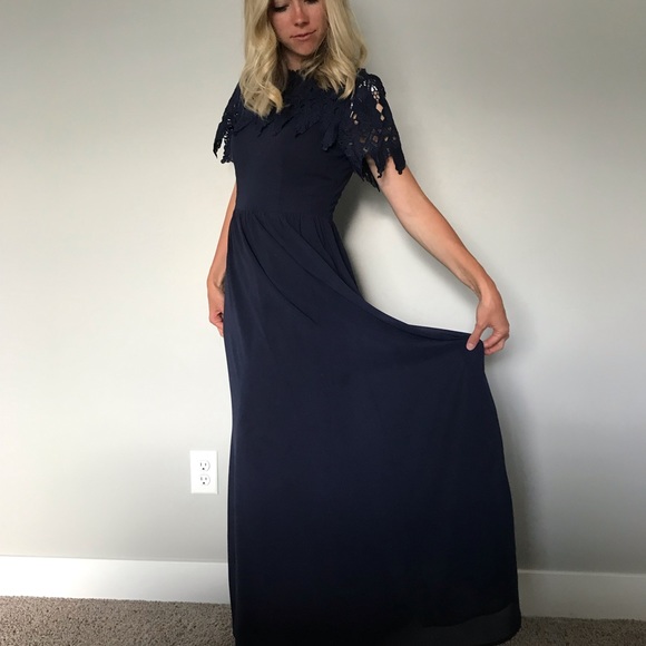 Navy Blue Formal Chiffon Gown with Lace Sleeves - Picture 5 of 6